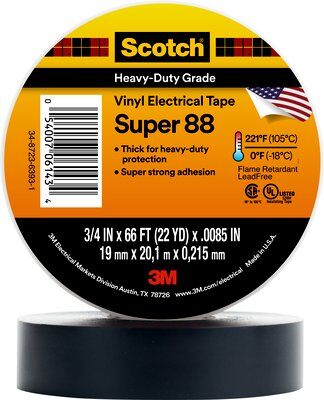 2" 3M Super 88 Scotch® Premium Vinyl Electrical Tape 105° C, black, 2" wide x 36 yds, 12 per case